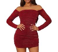 MOEENCN Women Mesh Bodycon Mini Dress Long Sleeve Square Collar Pleated Ruched Dresses Party Night Club Outfits Burgundy XL