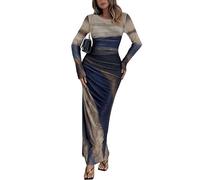 MOEENCN Women Sheer Mesh Maxi Dress Long Sleeve Bodycon Birthday Outfits Ruched Tie Dye Cocktail Club Party Dresses, Gray Blue, XXL