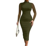 MOEENCN Women's Sexy Bodycon Midi Dress Birthday Outfits Mesh High Neck Tight Fitted Party Club Cocktail Ruched Dresses, Army Green, S