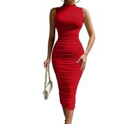 MOEENCN Women's Sexy Bodycon Midi Dress Birthday Outfits Sheer Mesh Sleeveless High Neck Ruched Club Party Dresses Red