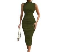 MOEENCN Women's Sexy Bodycon Midi Dress Birthday Outfits Sheer Mesh Sleeveless High Neck Ruched Club Party Dresses Green