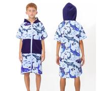 MOEMOE BABY Hooded Towels for Kids Bath Robe Poncho Zipper Beach Towel with Hood 100% Cotton Poncho Towels for Boys,L,Blue Shark
