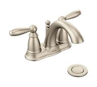 Moen Brantford Brushed Nickel Two-Handle Low-Arc Centerset Bathroom Faucet with Drain Assembly, 6610BN