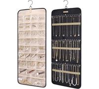 MoEnergy Hanging Jewelry Organizer Storage Roll with Hanger Metal Hooks Double-Sided Jewelry Holder for Earrings, Necklaces, Rings on Closet, Wall, Door 32 * 14IN