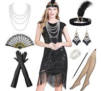 Moerstar 1920s Dresses for Women, Gatsby Flapper Costume Set with Flapper Dress Feather Headband Gloves Pearl Necklace Stockings Lace Fan 1920s Accessories for Ladies (Black, L)