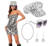 Moerstar 4Pcs 70s Disco Sequin Hat Set, 70s Accessories for Women, Abba Accessories with Shiny Glasses Glitter Earrings Necklace, fancy dress costume for Disco Party Dress Up (Silver)