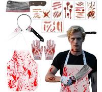 Moerstar 5Pcs Halloween Butcher Costume, Mens Horror Halloween Costume Set with Bloody Apron Gloves Headbands Chef Knife Tattoo Stickers Butcher Outfits Fancy Dress