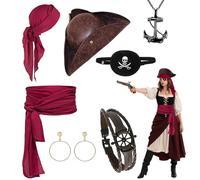 Moerstar Adults Pirate Costume Accessories, Medieval Pirate Hat Set with Bandana Sash Eye Patches Necklace Bracelet Earrings for Women Halloween Party Dress Up
