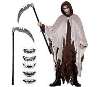 Moerstar Halloween Tattered Cape with Hood, Scary Ghost Costumes Men's Set with Scythe Tattoo Sticker, Halloween Costume Men Women (Brown)