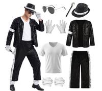 Moerstar Pop Star Costume 80s 90s Retro Disco Outfit with Silver Sequin Jacket Trousers Hat Gloves Glasses Microphone for Halloween Party Stage Performance