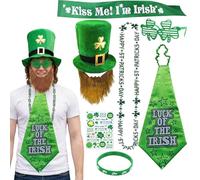 Moerstar St Patricks Day Costume Accessories Set with Shamrock Top Hat with Beard Shamrock Glasses St Patricks Day Necklace Bracelet Sash Tie Sticker for Irish Fancy Dress