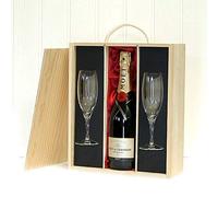 Moet & Chandon Brut Imperial Champagne 75cl and 2 Glass Flutes in a Wooden Presentation Case by Fine Food Hampers