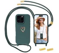 MoEvn Mobile Phone Strap Compatible with iPhone 15 Pro, Necklace Mobile Phone Case with Cord for Hanging, Heart Pattern, Silicone Case, Shockproof Protective Case with Removable Chain, Green