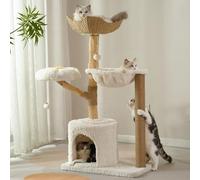 Moewrista Modern Cat Tree with Hammock 48.5 Inches Cat Tower with Scratching Post,Featuring Real Wood Post,Large Rattan Basket, Spacious Flower Perch and Condo for Indoor Cat Large Adults-Beige