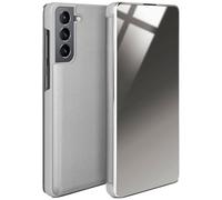 moex Thin 360° mobile phone case suitable for Samsung Galaxy S21 Plus, transparent with the display on, in high-gloss piano lacquer look, silver