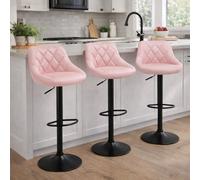 Mof Adjustable Bar Stools Set Of 3, Pink Faux Leather, Quilted Diamond Pattern, Swivel Counter Height Chairs With Footrest