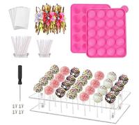 MOFASVIGI 302 PCS Cake Pop Maker Kit, Cake Pop Baking Mold with 1 Acrylic Lollipop Holder,1 Silicone Mold Set,100 Pcs Clear Bags,100 Pcs Treat Sticks,100 Pcs Gold Bow Ties
