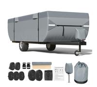 Mofeez Pop Up Camper Cover 14-16ft, 7 Layers Top Extra-Thick Pop Up Trailer Cover, Waterproof, Windproof, Anti-UV, Rip-Stop Folding Camper Cover with 3+2 Windproof Straps, Storage Bag