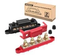 MOFEEZ Power Distribution Block Bus Bar, 4 x 3/8" Posts, 6 x #8 Screws Terminals, Max 48V 250A (Pair, Red & Black)