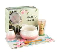 MOFELON 7 Pcs Matcha Set,Matcha Kit,Matcha Whisk and Bowl,Matcha Tea Set with Ceramic Bowl,Bamboo Whisk/Holder/Scoop/Sifter, Gift for Matcha Lover (Pink)