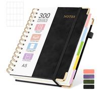 MOFELON A5 Notebook with Dividers, Notepad A5, 300 Pages Spiral Lined Notebooks,PU Leather HardCover Journals for Women,Note Book Pad for Office Work School, 21.5 x 15.8cm - BLACK