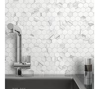 MOFIT Hexagon 3D Self-Adhesive Wall Tile Stickers,Kitchen Splashback Marble Effect & Metal Mosaic Peel and Stick Wall Tiles Heat Resistant(White Silver,10sheets)