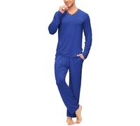 MoFiz Men's Pyjamas PJ Set Loungewear Sleepwear Full Length Top & Bottoms Soft Jersey Knit Pajama Pjs Set Blue Size US M