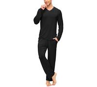 MoFiz Mens Pyjamas Sets Soft Two Piece Pjs Sets Long Sleeve Lounge-wear Top & Bottoms Trousers Sleepwear Pockets Black Size US 2XL