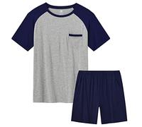 MoFiz Men's Pyjamas Short Set Soft Comfy Summer Nightwear Sleepwear Pjs Set Short Sleeve Pyjama Top and Shorts Navy Size US 2XL