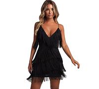 MOFLORA Women Sexy Deep V-Neck Backless Patchwork Bodycon Dress Summer Fringe Tassel Club Party Prom Mini Strap Dress, Black, Small