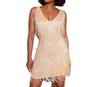 MOFLORA Women Sexy Deep V-Neck Backless Patchwork Bodycon Dress Summer Fringe Tassel Club Party Prom Mini Strap Dress, Y-champagne, M