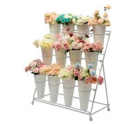 Moforchory flower bar stand, flower display stand with 12 buckets, 3 Layers Flower Cart White Metal Flower Bar Stand with Wheels, Moving Florist Bouquet Shelf for Indoor Outdoor Patio Garden Weddings