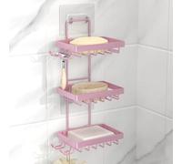 Moforoco 3 Tier Pink Soap Dish Holder for Shower Wall, No Drilling, 304 Stainless Steel, Soap Bar with 4 Hooks and Razor Holder for Shower, Shampoo Bar Holder for Girly Bathroom Accessory Decor