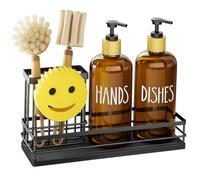 Moforoco Kitchen Dish Soap Dispenser Set, 16OZ Glass Bottle, Hand and Dish Soap Dispenser Set, Instant Dry Tray, Non-Slip Silicone Pad, Brush Holder with Sponge Holder, Kitchen Decor（Amber Bottle）