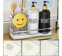 Moforoco Kitchen Dish Soap Dispenser Set, 16OZ Glass Bottle, Hand and Dish Soap Dispenser Set, Stainless Steel Instant Dry Tray, Non-Slip Silicone Pad, Brush Holder with Smiley Face Sponge Holder