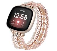 MOFREE Bracelet Compatible with Fitbit Versa 3/Versa 4/ Sense/Sense 2 Bands for Women, Handmade Fashion Elastic Beadeds Arrows Strap Replacement (Rose Gold)