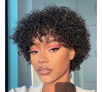 Mofyue Pixie Cut Wigs for Black Women, Short Human Hair Wigs with Bangs, Afro Curly Wig, Human Hair, Short Layered, Pixie Wig, Natural Black Color (Natural Black 171#)
