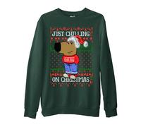 Mog Print Funny Chilling Guy Christmas Sweatshirt - Forest Green - Unisex - L - Chill Guy Big Nose Cartoon Dog Jumper - Viral Dog Meme Top- Xmas Gifts for Boyfriend