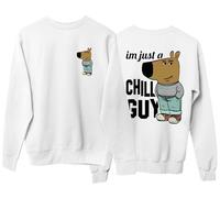 Mog Print I'm Just A Chill Guy Sweatshirt - White - Mens - S - Funny Dog Viral Meme Pullover - Big Nose Dog Internet Joke New Character Meme Sweater
