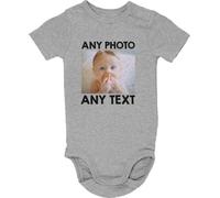 Mog Print Personalised Baby Grow Romper - Unisex - 12-18 Months - Heather Grey - Customisation Photo/Text Babygrow Bodysuit Gift - Customised Baby Clothes