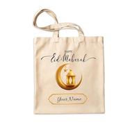 Mog Print Personalised Eid Mubarak Tote Bag - Natural - Moon Lantern Custom Name Tote - Ramadan Gifting Canvas Bags - Religious Islamic Gift Bag