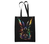Mog Print Watercolor Bunny Tote Bag - Black - Happy Bunny Face Grocery Market Shopping Tote - Rabbit Lover Gifts for Men/Women - Colourful Aesthetic Canvas Tote Bag for Rabbit Pet Parents