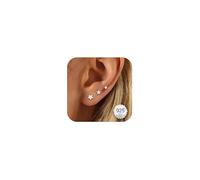 MOGASA 3 Pairs Small Sterling Silver Flat Back Earrings for Women Girls Hypoallergenic 14K Gold Studs Earring Set Star Flower Sun Zirconia Cartilage Sleeper Earrings Helix Piercing Jewelry 3/4/5mm