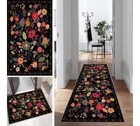 Mogetal Flower Rug Runner Hallway Black Colourful Long Kitchen Runner Bedroom Modern Rug Runner Non-Slip Washable 55 x 150 cm Durable Runner Rug Hallway Runner Corridor Polyester Sold by the Metre