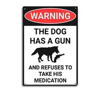 MOGGED Warning Tin Sign Decor The Dog Has a Gun Bathroom Wall Art Metal Poster Kitchen Garden Garage Indoor Outdoor Window Decorate 8 X 12 Inch