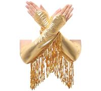 Moggemol Adult Sequined Metallic Gloves Tassel Shiny Elbow Length Fingerless & Long Mittens For Cosplay Gold One Size