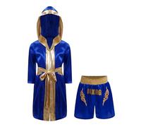 Moggemol Children Boxing Costumes Satin Long Hooded Cloak with Shorts Set Boys Girls Kickboxing MMA Training Outfits Royal Blue 9-10 Years