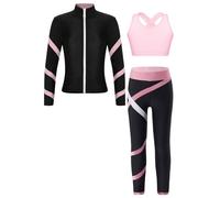 Moggemol Figure Ice Skating Gym Training Suit for Kids Girls Long Sleeve Jacket Sleeveless Crop Tops with Skating Pants Set Pink 9-10 Years