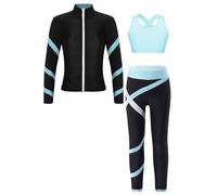 Moggemol Figure Ice Skating Gym Training Suit for Kids Girls Long Sleeve Jacket Sleeveless Crop Tops with Skating Pants Set Light Blue 11-12 Years