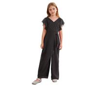 Moggemol Girls Ruffled Chiffon Dressy Casual Jumpsuit V-Neck Short Sleeve Wide Leg Long Pants Romper Black 11-12 Years